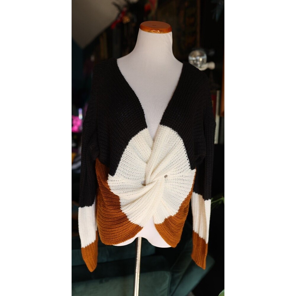 Full Circle Trends Women's Twist Front Colorblock Chunky Knit Sweater Crop Large